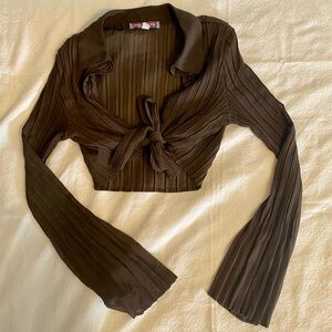 Urban Outfitters Brown Plisse Pleated Tie Front Collar Crop Top Size Large